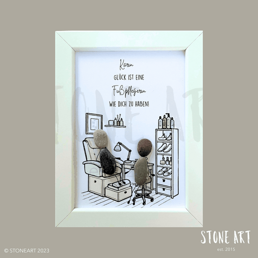 Steinbild Fußpflegerin – handgemachtes Geschenk für Podologin, Kieselsteine auf Papier