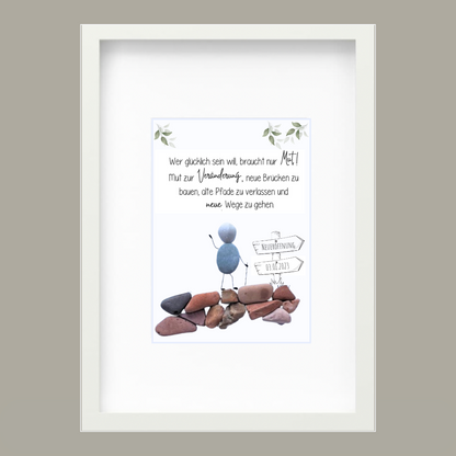 Handgefertigtes Steinbild mit der Aufschrift „Wer glücklich sein will, braucht nur Mut“ – symbolisches Geschenk zur Firmengründung oder Selbstständigkeit.

