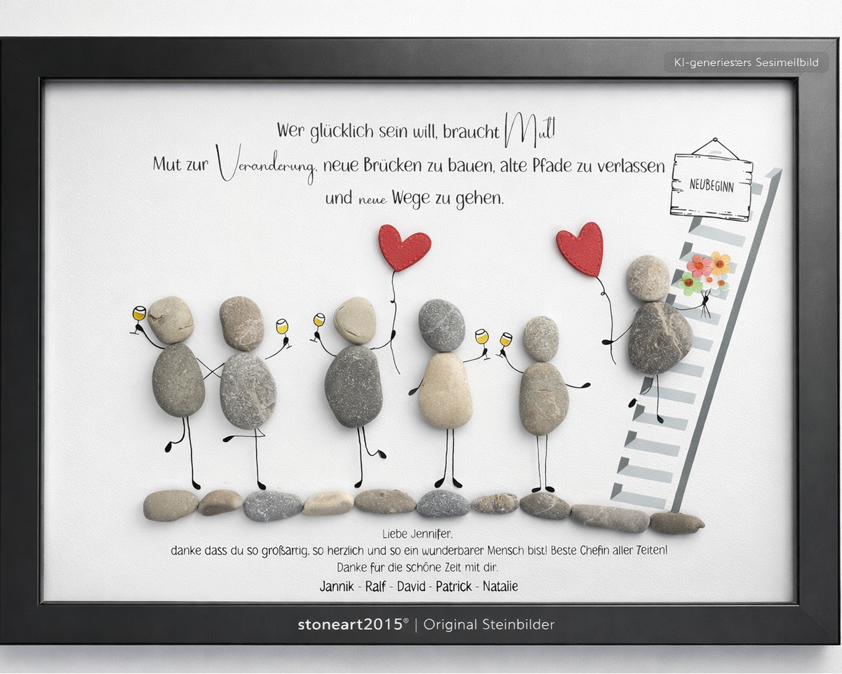 Kieselsteinbild Abschied & Neuanfang – Abschiedsgeschenk für Kollegen, handgemachtes Steinbild im schwarzen Rahmen 21x30 cm ohne Scheibe