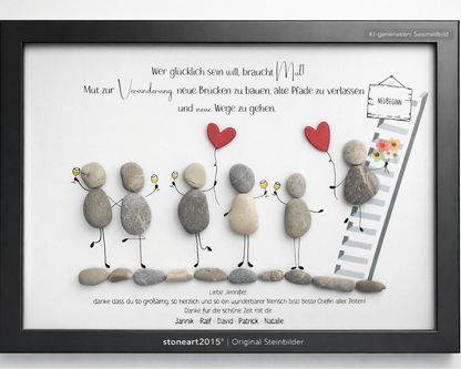 Kieselsteinbild Abschied & Neuanfang – Abschiedsgeschenk für Kollegen, handgemachtes Steinbild im schwarzen Rahmen 21x30 cm ohne Scheibe