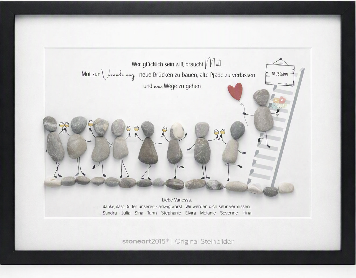Kieselsteinbild Abschied & Neuanfang – Abschiedsgeschenk für Kollegen, handgemachtes Steinbild im schwarzen Rahmen 30x40 cm mit Kunststoffverglasung