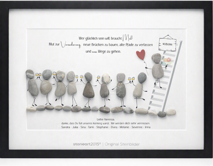 Kieselsteinbild Abschied & Neuanfang – Abschiedsgeschenk für Kollegen, handgemachtes Steinbild im schwarzen Rahmen 30x40 cm mit Kunststoffverglasung