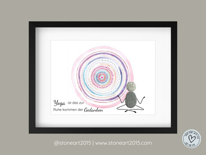 Handgemachtes Steinbild mit Spruch Yoga ist das Zur-Ruhe-Kommen der Gedanken – Geschenk für Achtsamkeit & Balance