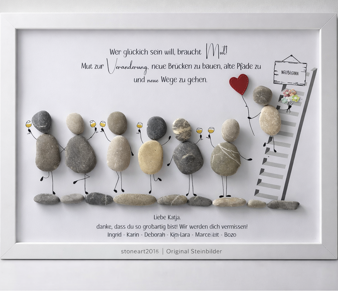 Kieselsteinbild Abschied & Neuanfang – Abschiedsgeschenk für Kollegen, handgemachtes Steinbild im weißen Rahmen