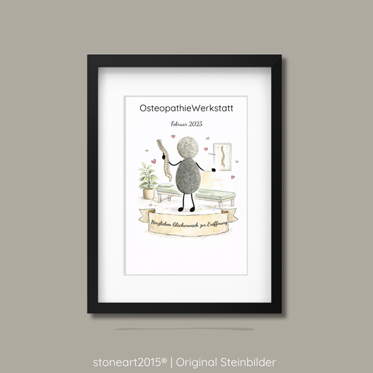 Handgemachtes Steinbild aus Naturkieseln als Geschenk zur Eröffnung einer Osteopathie Praxis.