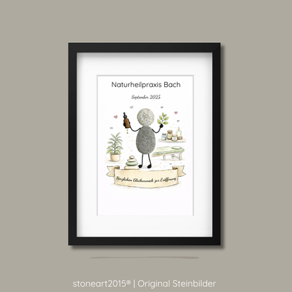 Handgemachtes Steinbild aus Naturkieseln als Geschenk zur Praxiseröffnung einer Naturheilpraxis oder für Heilpraktiker.