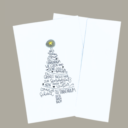 Handgemachte weiße Klappkarte mit Kieselstein, mit Spruch „Oh Tannenbaum" und Tannenbaum