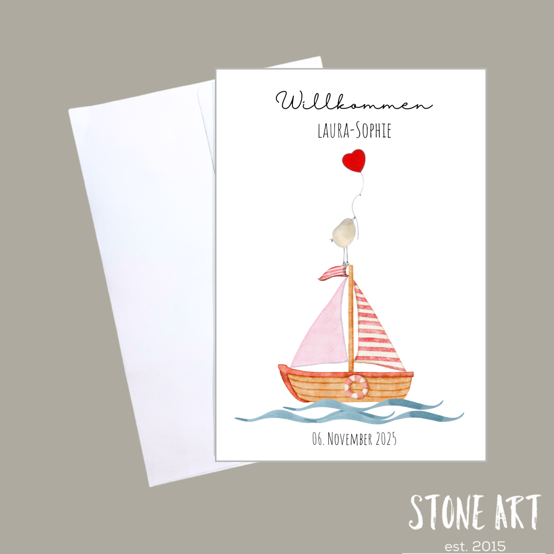 Handgemachte Glückwunschkarte zur Geburt eines Mädchens – Natursteine als Motiv und kleines rosa Boot, hochwertige weiße Klappkarte mit Umschlag