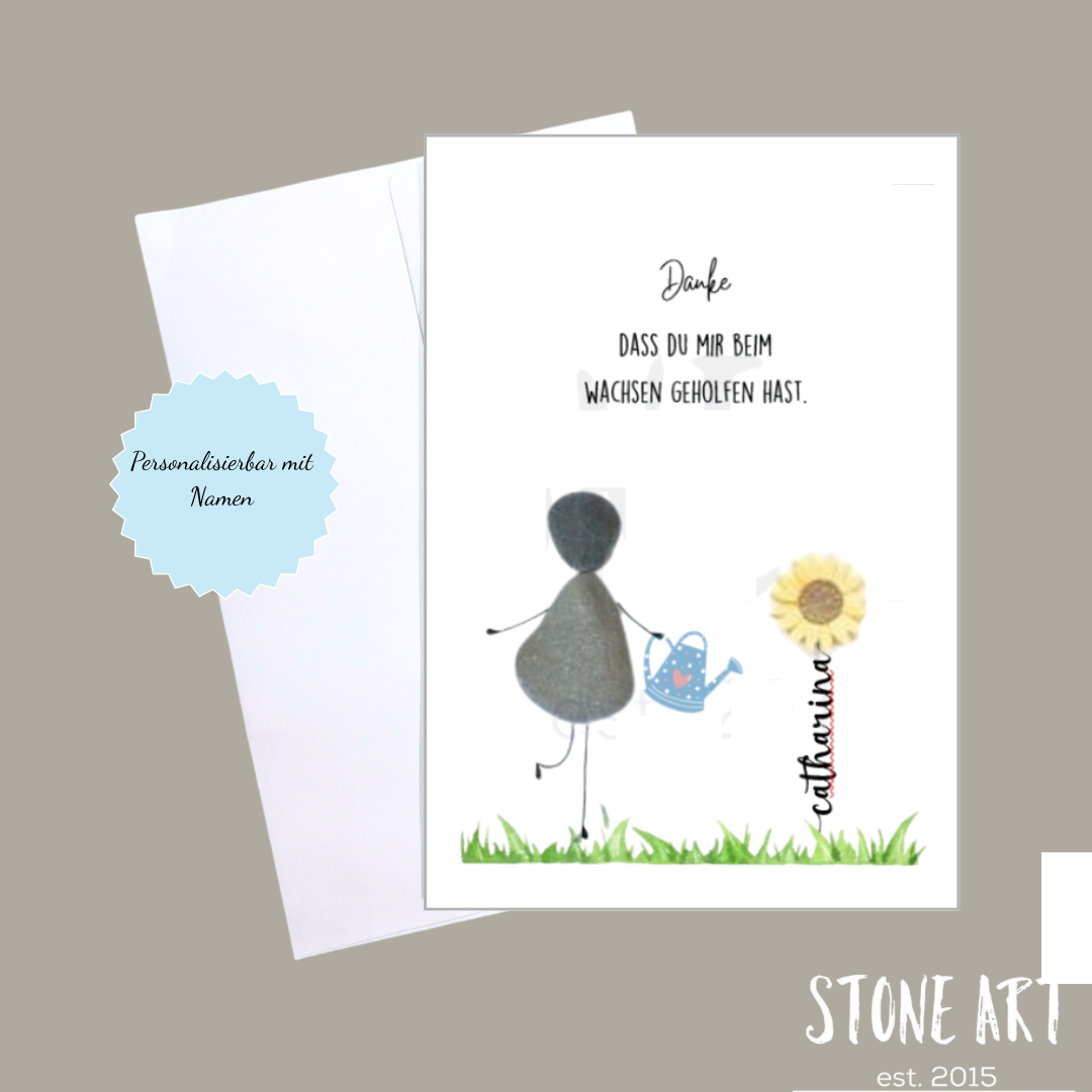 Handgemachte Grußkarte für Erzieherin oder Lehrerin. Personalisierbar mit dem Namen des Kindes.