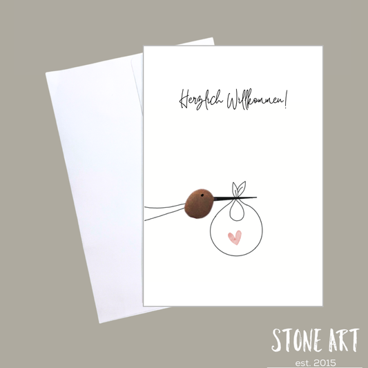 KAR122-Glückwunschkarte zur Geburt mit Storch und Kieselstein