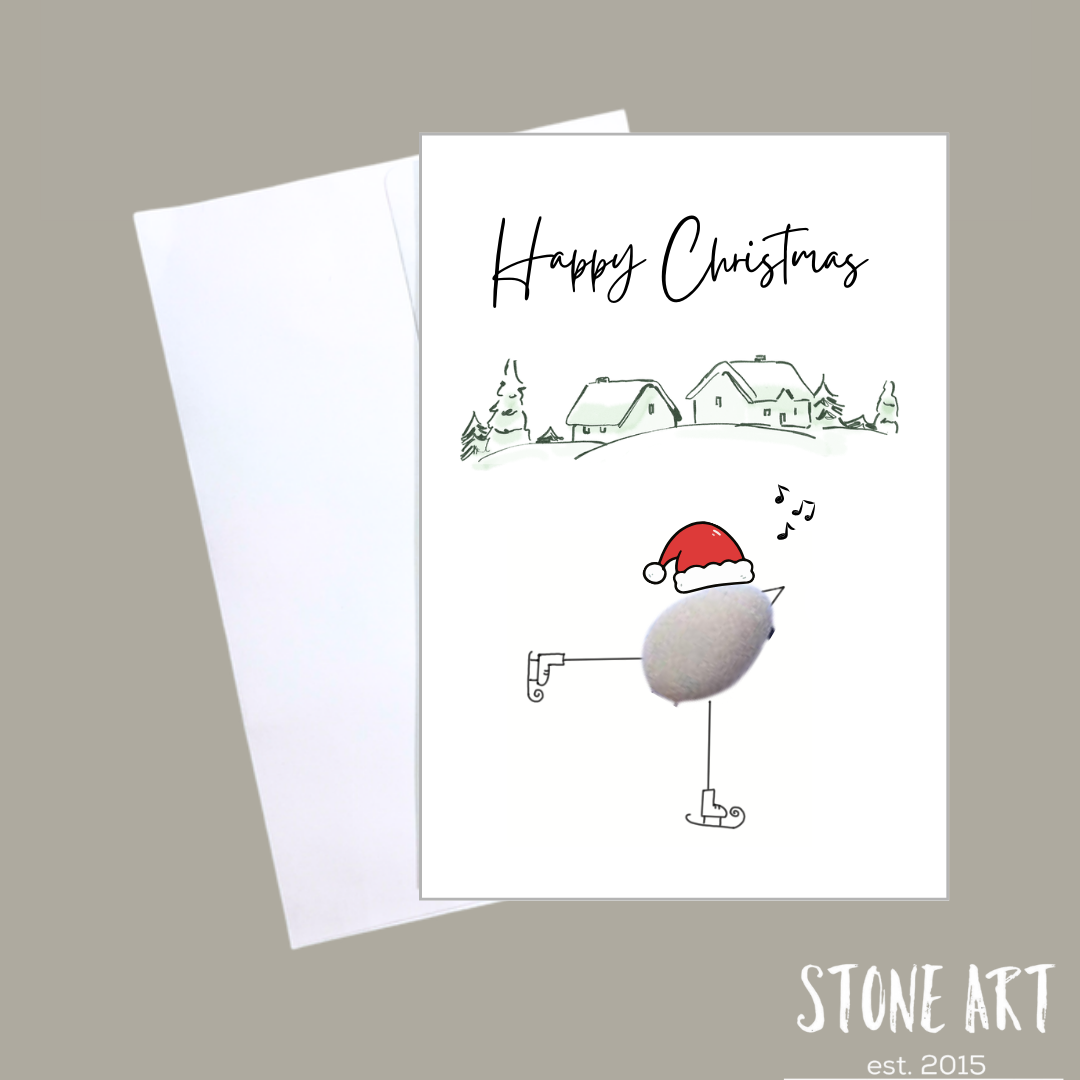 Handgemachte weiße Klappkarte mit Kieselstein, mit Spruch „Happy Christmas"