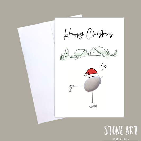 Handgemachte weiße Klappkarte mit Kieselstein, mit Spruch „Happy Christmas"