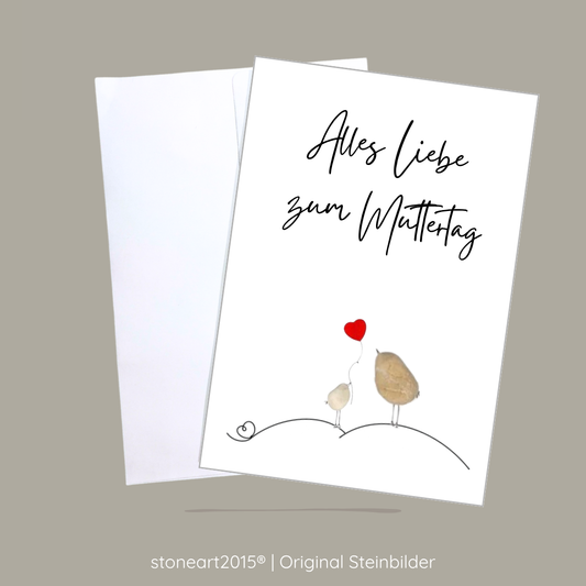 Handgemachte weiße Klappkarte mit Kieselstein, mit Spruch „Alles Liebe zum Muttertag"
