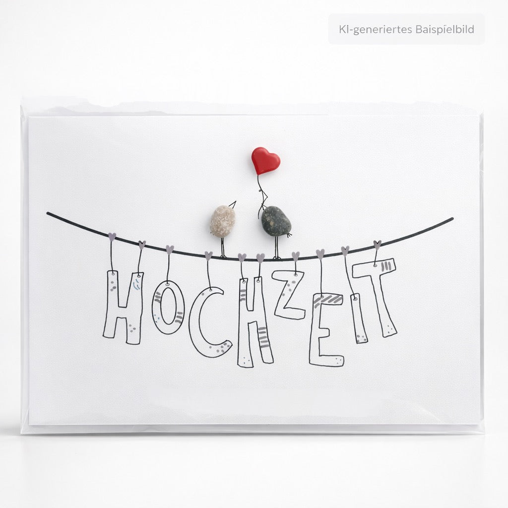Handgemachte weiße Klappkarte mit Kieselsteinen und Umschlag, mit Spruch „Hochzeit"