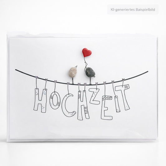 Handgemachte weiße Klappkarte mit Kieselsteinen und Umschlag, mit Spruch „Hochzeit"