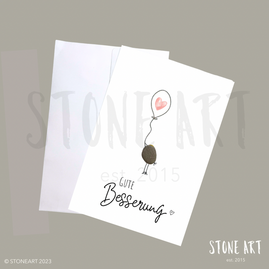 Handgemachte Gute-Besserung-Karte mit Mini‑Steinbild und Umschlag – Geschenk zur Genesung