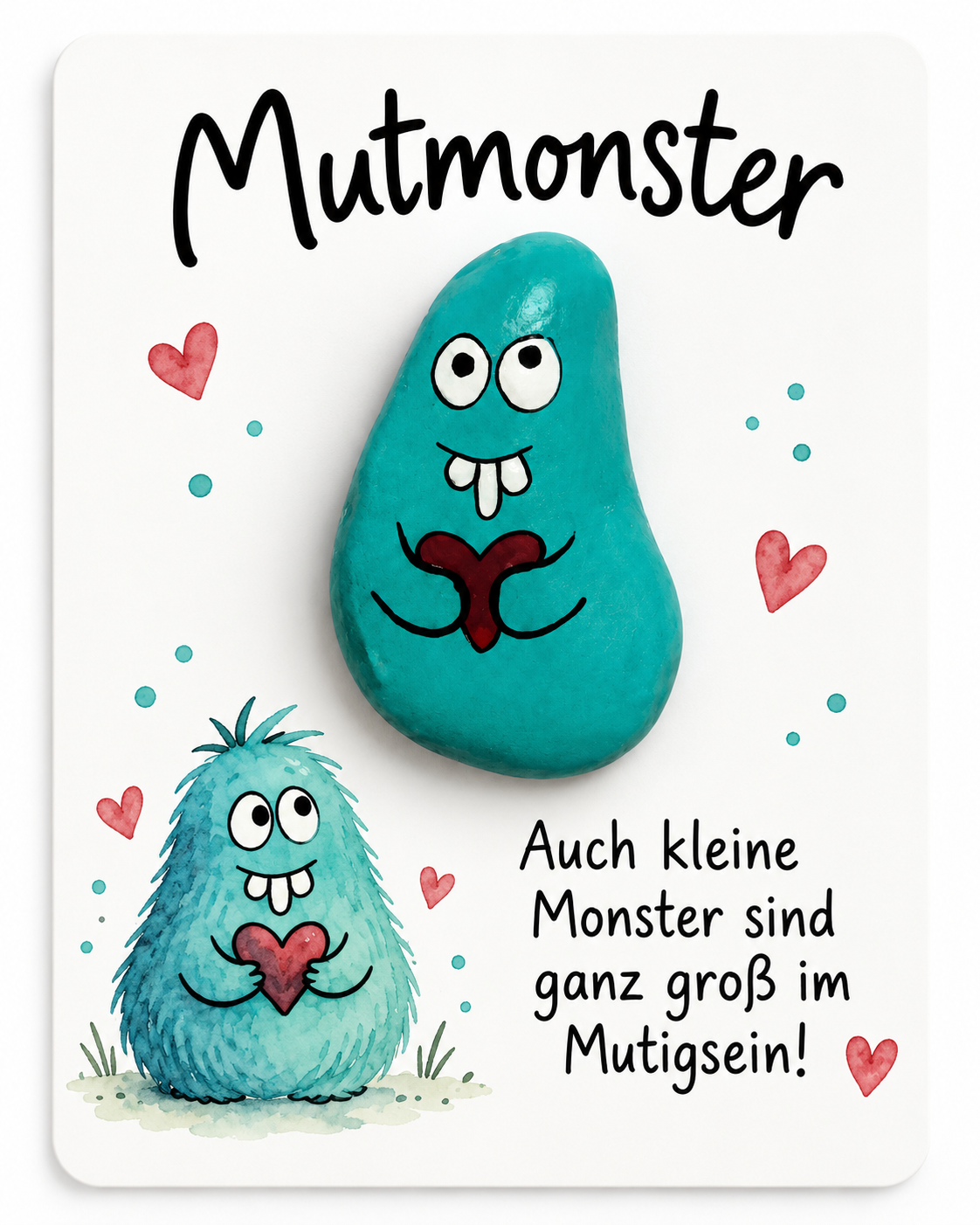 Stein-Karte Mutmonster mit türkisem handbemaltem Monster-Stein und Spruch „Auch kleine Monster sind ganz groß im Mutigsein“
