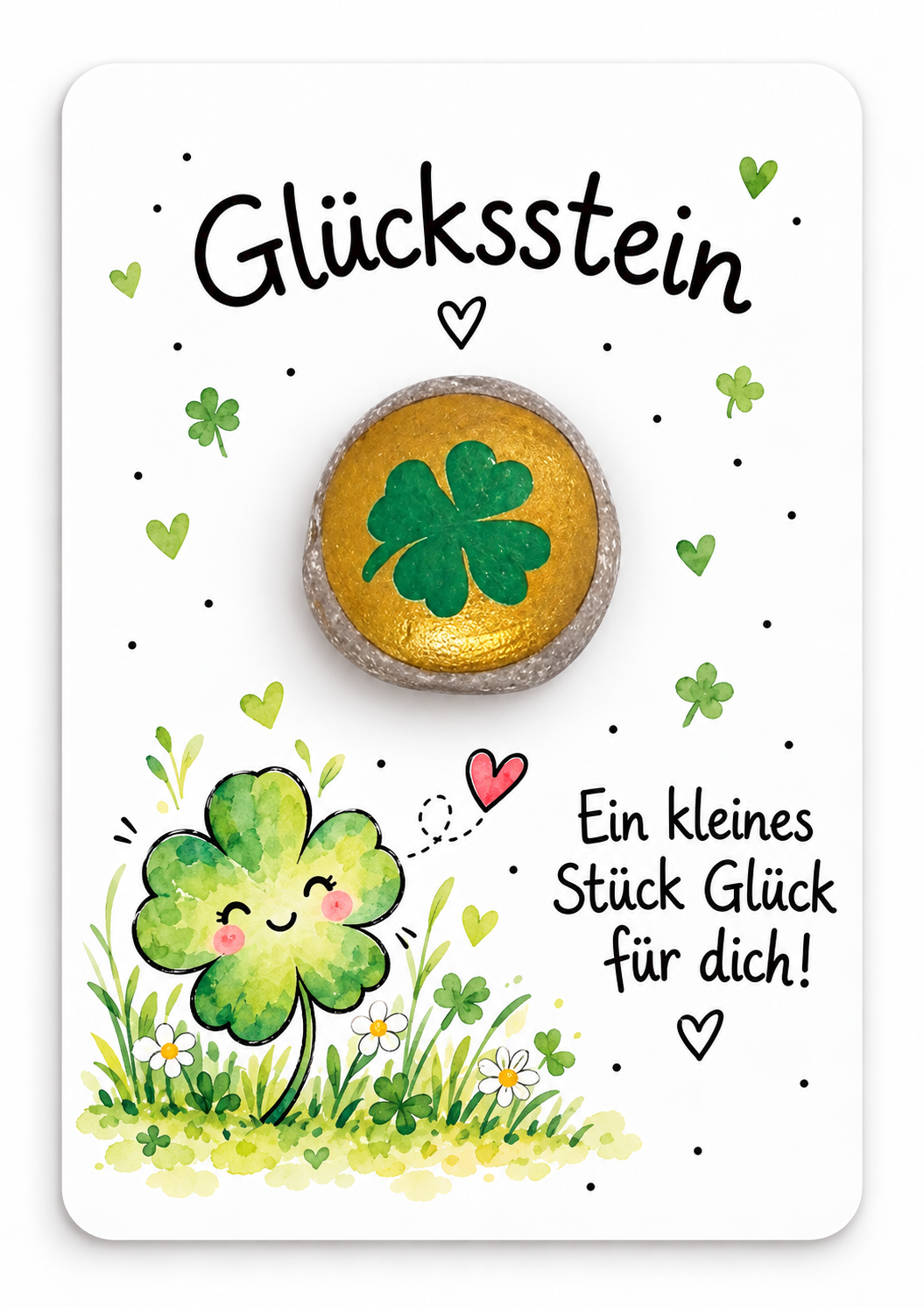 Stein-Karte Glücksstein mit goldenem handbemaltem Kleeblatt-Stein und Spruch „Ein kleines Stück Glück für dich“