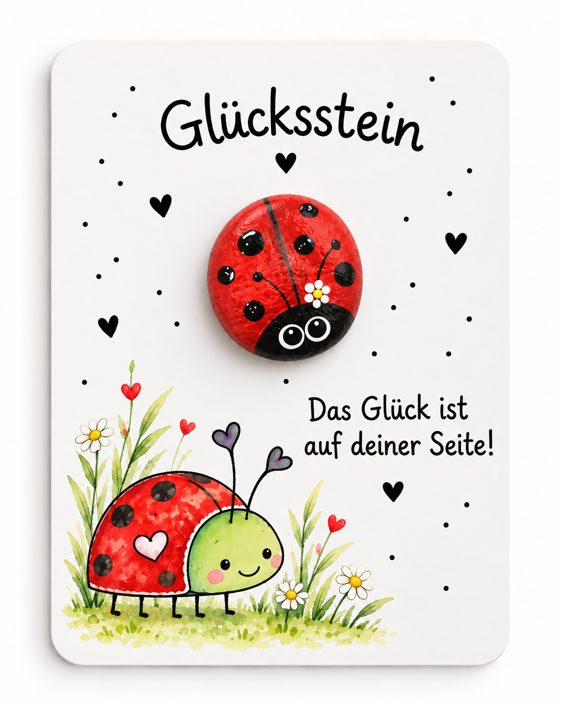 Stein-Karte Glücksstein mit handbemaltem Marienkäfer-Stein und Spruch „Das Glück ist auf deiner Seite“