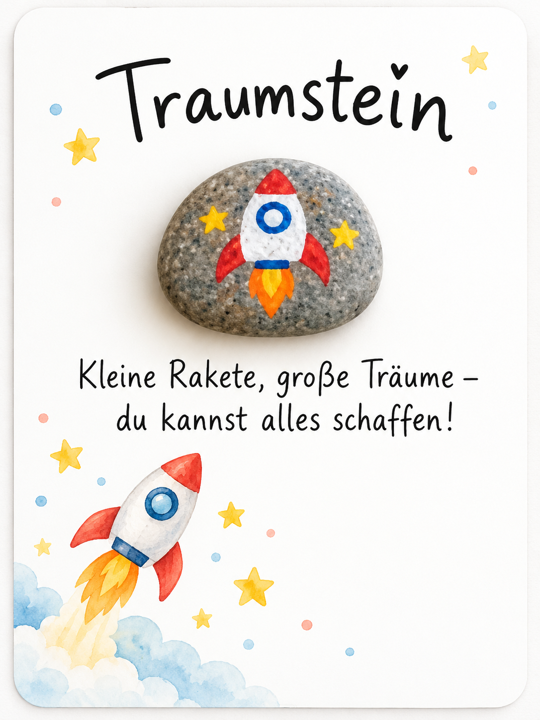 Stein-Karte Traumstein mit handbemaltem Raketen-Stein und Spruch „Kleine Rakete, große Träume – du kannst alles schaffen“