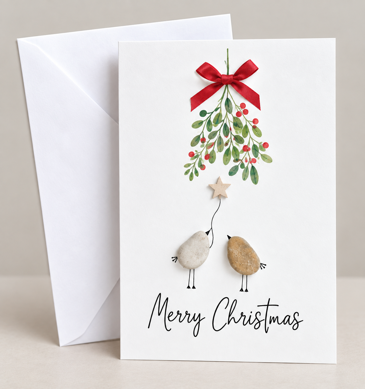 Handgemachte weiße Klappkarte mit Kieselstein, mit Spruch „Merry Christmas" und Mistelzweig