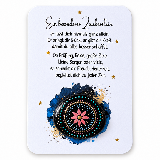 Zauberstein Karte – schwarzer Glücksstein mit rosa Blume und türkisgoldenem Punktmandala, handbemalt