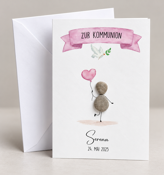 Handgemachte weiße Klappkarte mit Spruch „Zur Kommunion" mit  Umschlag