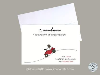Handgemachte Klappkarte mit Mini-Steinbild und Auto-Motiv – originelles Geschenk zur bestandenen Fahrprüfung.