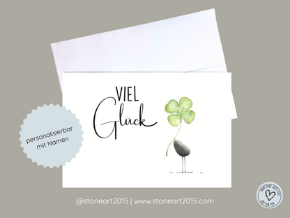 Handgemachte Karte mit Mini-Steinbild und dem Wunsch „Viel Glück“ – liebevoller Glücksbringer mit Umschlag, ideal als kleines Geschenk.