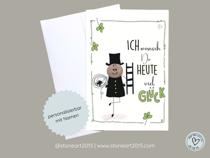 Handgemachte Glückwunschkarte mit Mini-Steinbild und Kaminkehrer-Motiv – liebevoll gestaltet mit Umschlag, ideal als Glücksbringer oder Neujahrsgruß.