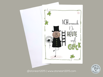 Handgemachte Glückwunschkarte mit Mini-Steinbild und Kaminkehrer-Motiv – liebevoll gestaltet mit Umschlag, ideal als Glücksbringer oder Neujahrsgruß.