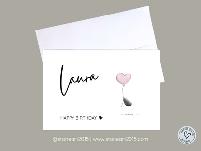 Handgemachte Happy-Birthday-Karte mit Mini‑Steinbild und Namenspersonalisierung – inkl. Umschlag