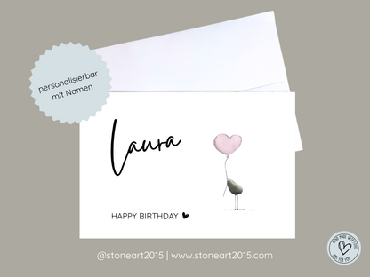 handgemachte Happy-Birthday-Karte mit Mini‑Steinbild und Namenspersonalisierung – inkl. Umschlag