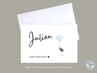 Handgemachte Happy-Birthday-Karte mit Mini‑Steinbild und Namenspersonalisierung – inkl. Umschlag