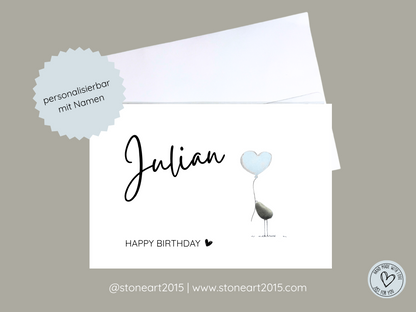 Handgemachte Happy-Birthday-Karte mit Mini‑Steinbild und Namenspersonalisierung – inkl. Umschlag