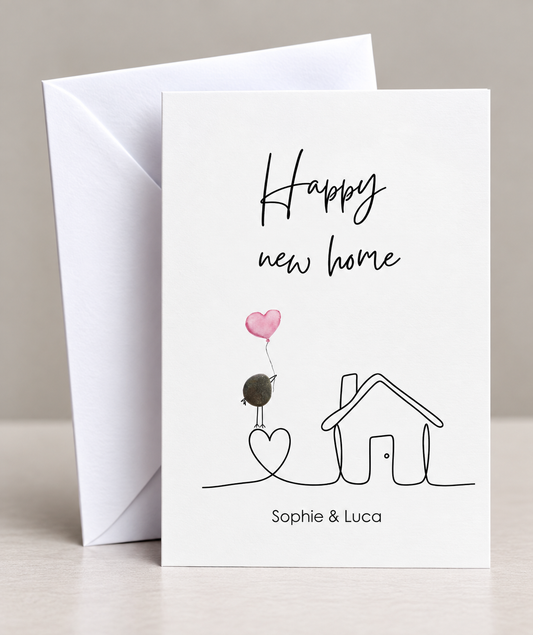 Handgemachte weiße Klappkarte mit Kieselstein, mit Spruch „Happy new home"