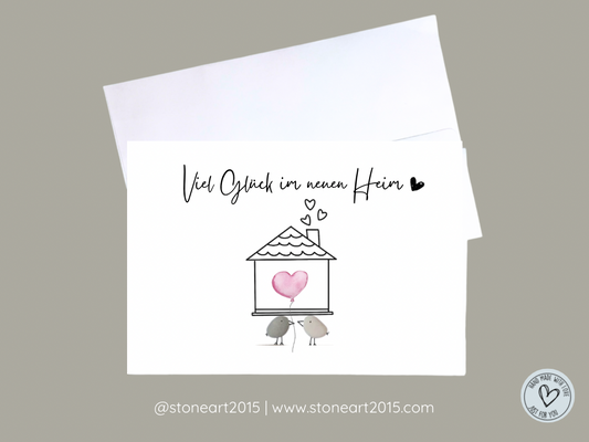 Handgemachte Karte mit Text Viel Glück im neuen Heim und Mini‑Steinbild – Geschenk zum Einzug mit Umschlag