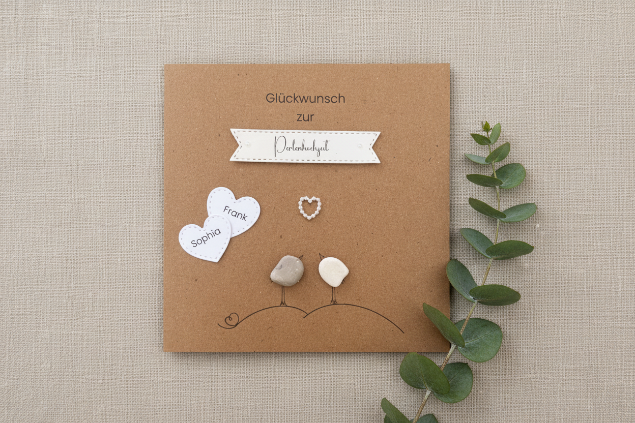 Handgemachte Kraftpapier-Klappkarte mit Spruch „Herzlichen Glückwunsch zur Perlenhochzeit" mit Umschlag