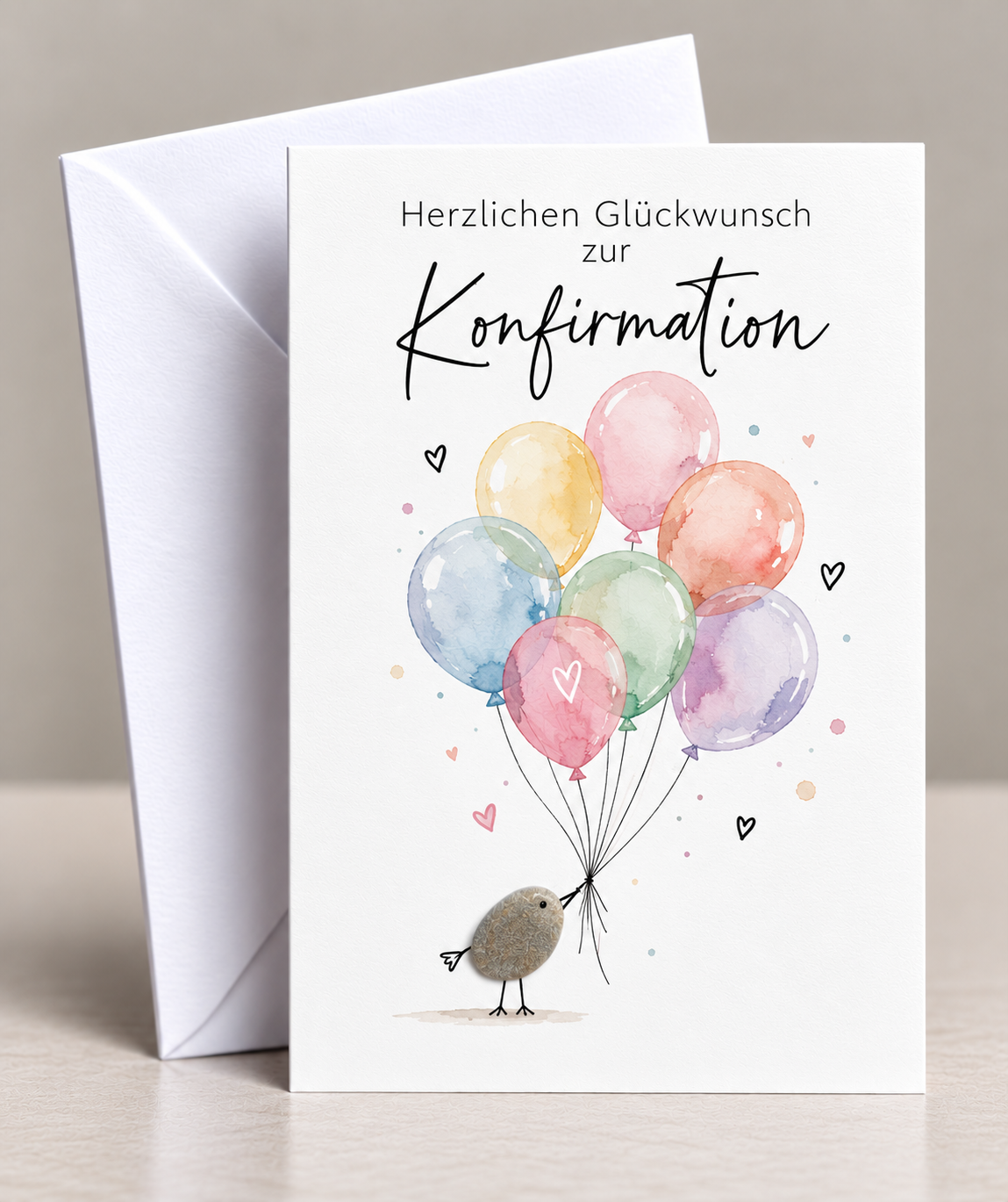 Handgemachte weiße Klappkarte mit Kieselstein, mit Spruch „Glückwunsch zur Konfirmation"