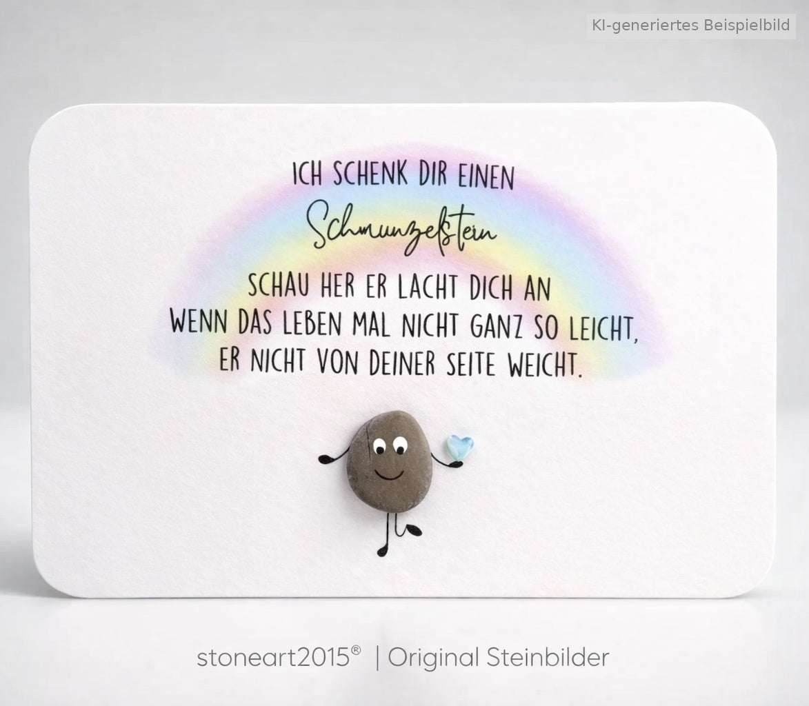 Handgemachte DIN A6 Karte mit Kieselstein, mit Spruch „Schmunzelstein"