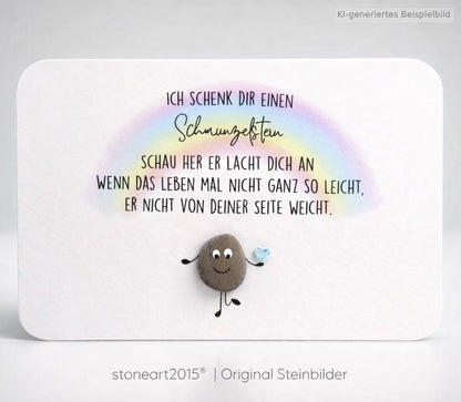 Handgemachte DIN A6 Karte mit Kieselstein, mit Spruch „Schmunzelstein"