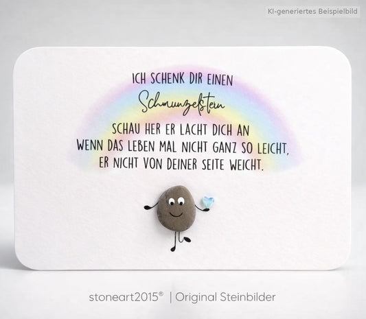 Handgemachte DIN A6 Karte mit Kieselstein, mit Spruch „Schmunzelstein"