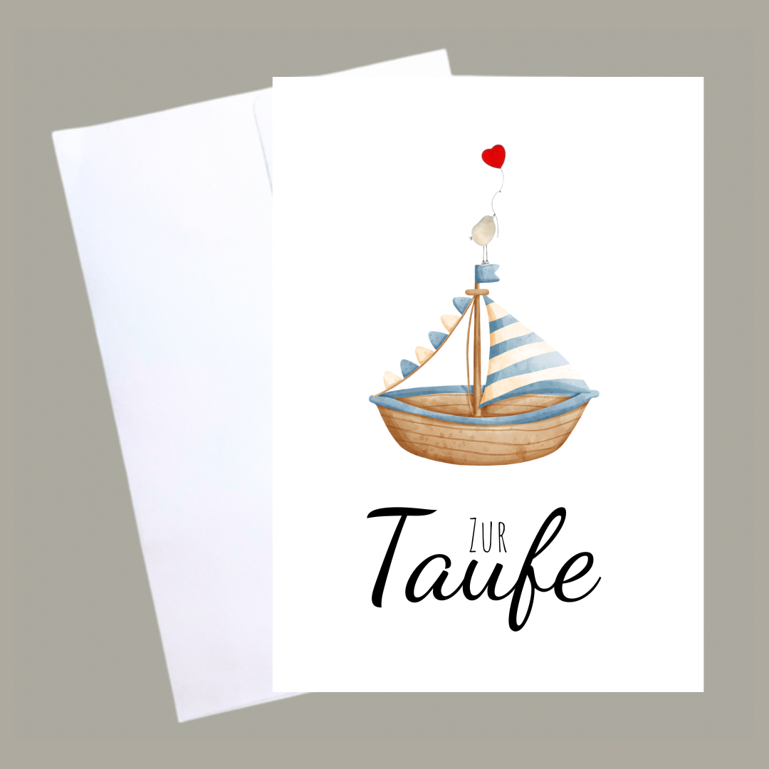 Handgemachte weiße Klappkarte mit Spruch „Zur Taufe" und Boot blau mit Vogel mit Umschlag