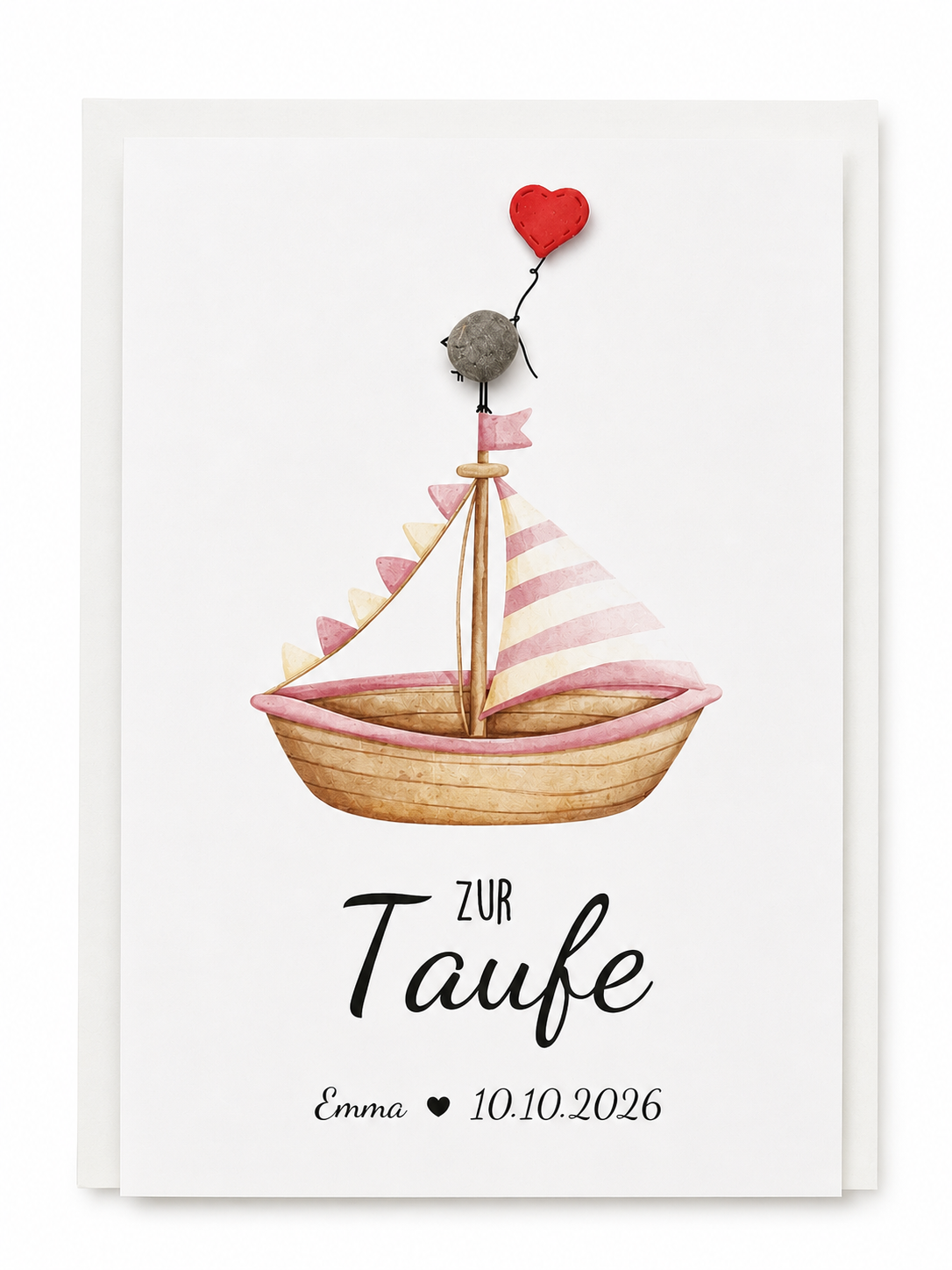 Karte zur Taufe - Boot rosa