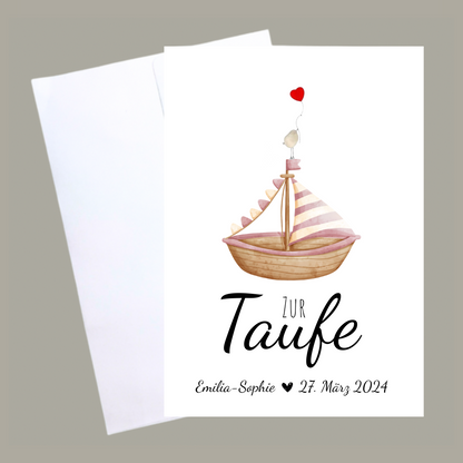 Handgemachte weiße Klappkarte mit Spruch „Zur Taufe" und Boot rosa mit Vogel mit Umschlag