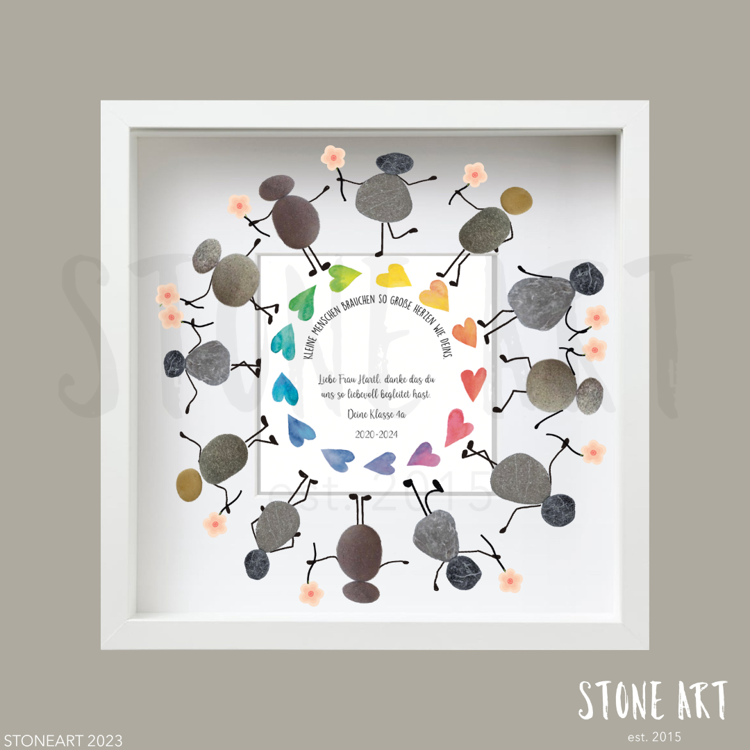 KIGA09-Steinbild Kleine Menschen brauchen so große Herzen wie deins-Regenbogen Herzen -Kinder im Kreis. Abschiedsgeschenk Kindergarten