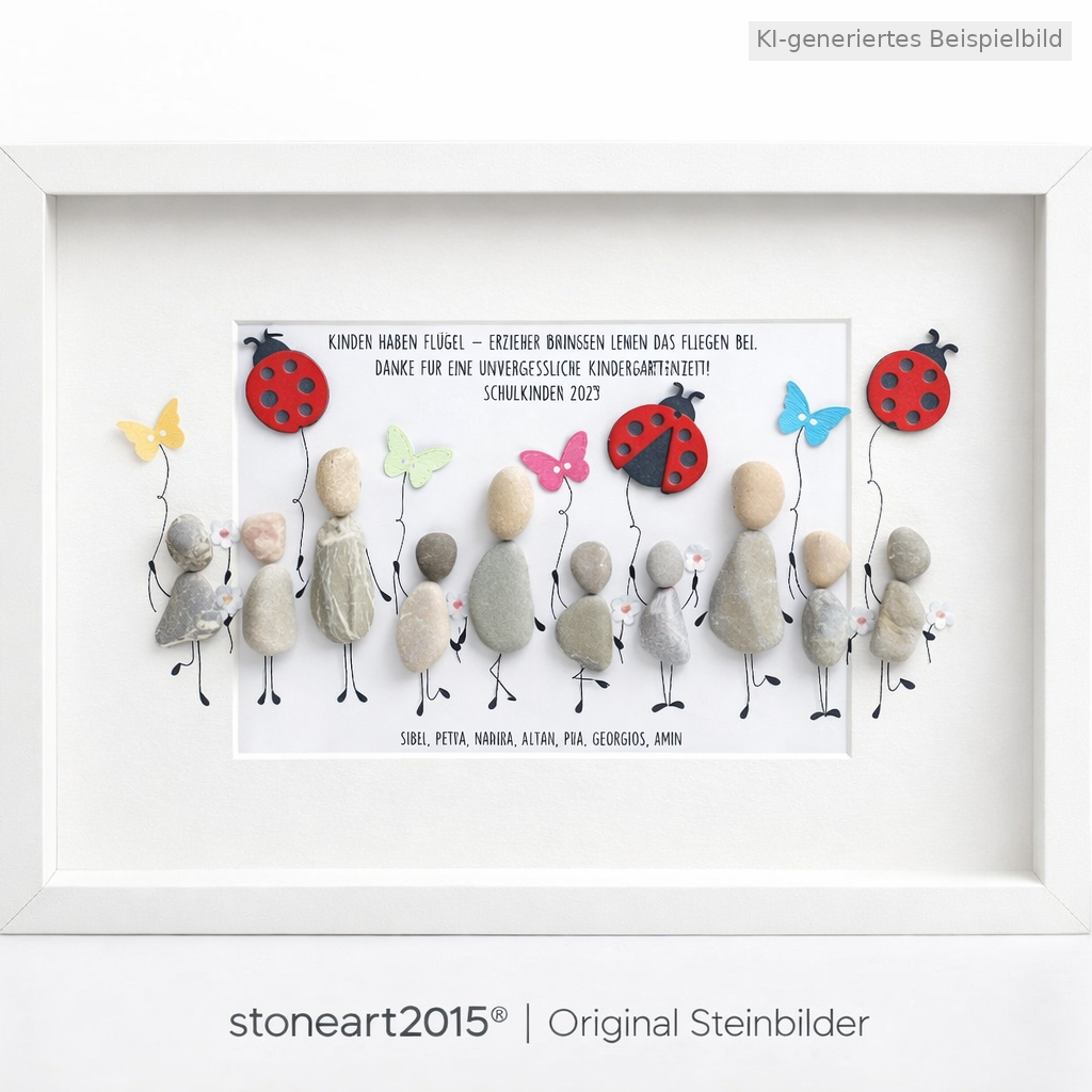 Kieselsteinbild Steinfigur „Kinder haben Flügel“ – Abschiedsgeschenk Kindergarten, handgemachtes Steinbild