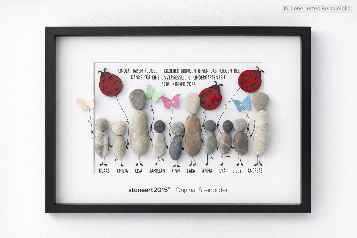 Kieselsteinbild Steinfigur „Kinder haben Flügel“ – Abschiedsgeschenk Kindergarten, handgemachtes Steinbild