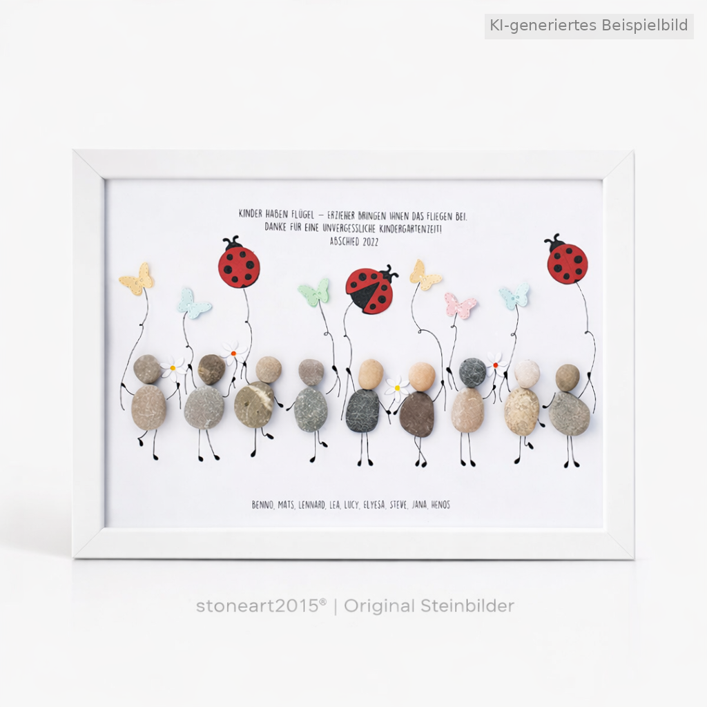 Kieselsteinbild Steinfigur „Kinder haben Flügel“ – Abschiedsgeschenk Kindergarten, handgemachtes Steinbild