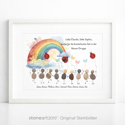 Personalisiertes Abschiedsgeschenk für Erzieherin – handgemachtes Steinbild mit Rahmen und Dankeschön-Botschaft aus Naturmaterialien